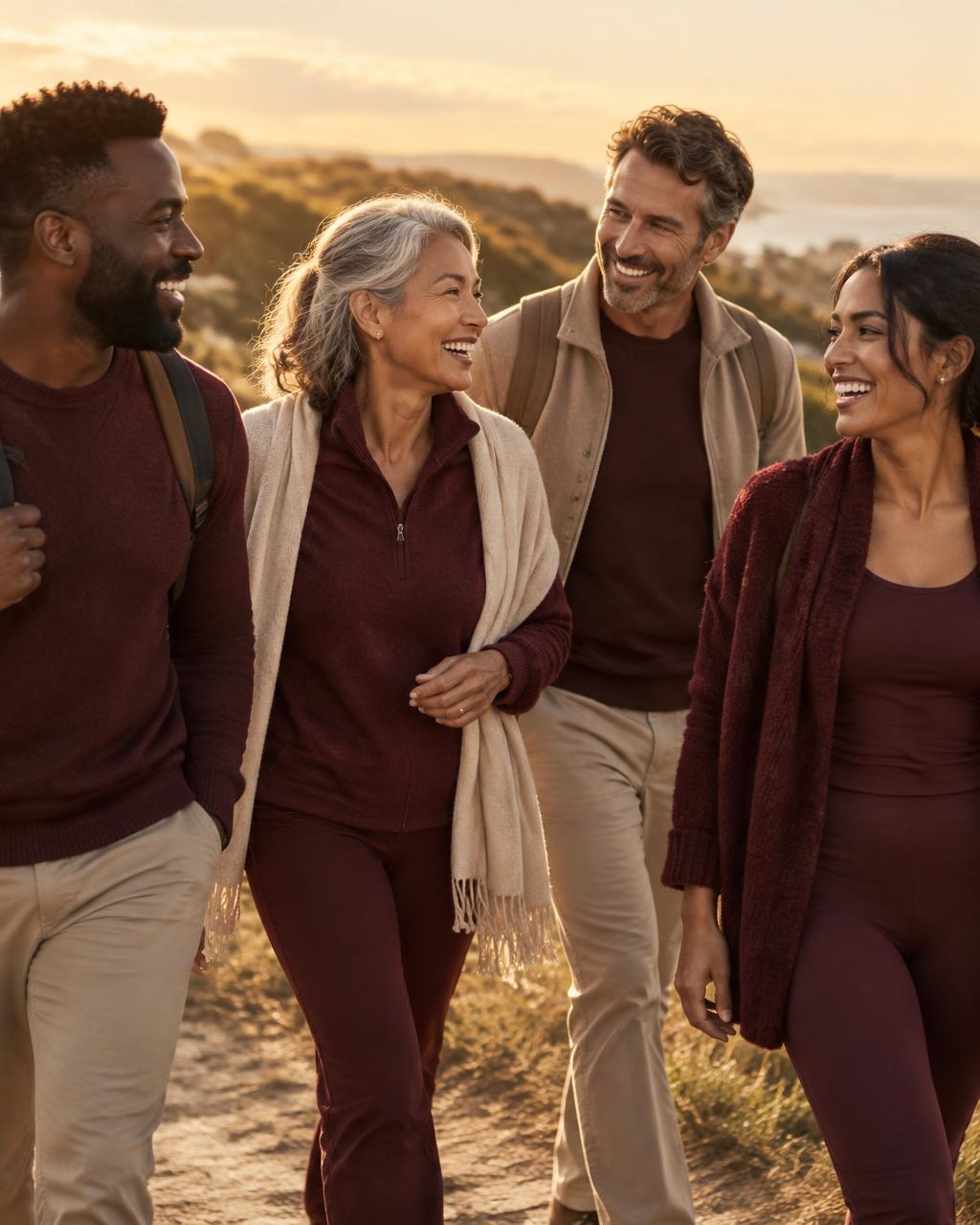 A diverse group of women and men of different ages walking and laughing together at golden hour